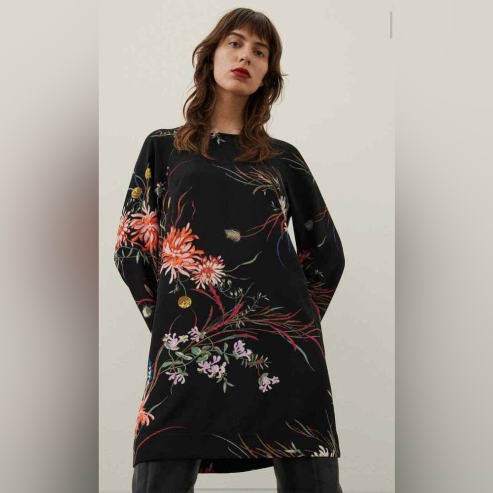 NWT H&M Black Floral Wide-sleeved Knee Length Dress Boho Goth Punk Size S - Picture 2 of 14